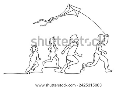 Happy healthy children with kite run together outdoor. Friends together have fun. Continuous one line drawing vector illustration. Hand drawn art