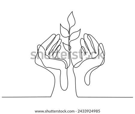 Hands keep sprout of plant. Continuous one line drawing. Growing plant in hand palm. Hand-drawn vector illustration.