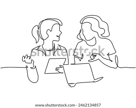 Two girl friends discussing Internet data using laptop. Continuous one Line drawing. Vector illustration.