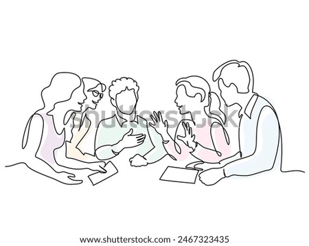 Group of young people discuss interesting task together and talking. Friends rest and communicate. Continuous one line art drawing style. Black linear sketch on white background. Vector illustration