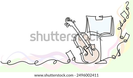 Violin with music stand and notes. Music education. Musical instrument for decoration, design, banners, festival invitations, music shop. Continuous one line drawing. Vector illustration.