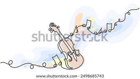 Violin with music notes. Music education. Musical instrument for decoration, design, banners, festival invitations, music shop. Continuous one line drawing. Vector illustration.