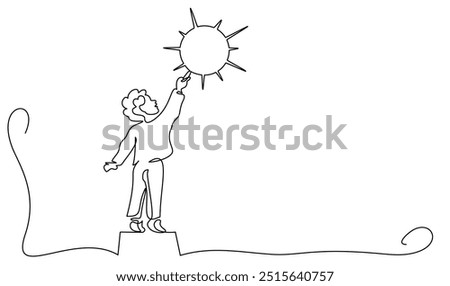 Small boy drawing sun on wall. Continuous One line drawing of the joy of childhood. isolated white background. Vector illustration