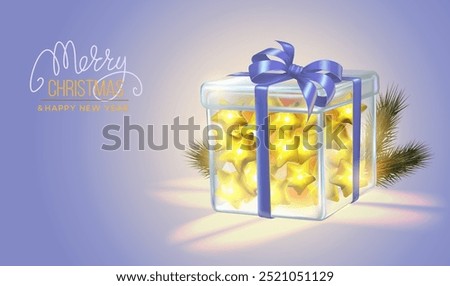 Merry Christmas and Happy New Year. Background with realistic transparent festive gifts box full of glowing stars. Xmas present. Holiday gift surprise banner, web poster, flyer, stylish brochure, gree