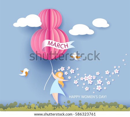 Card for 8 March women's day. Abstract background with text and flowers .Vector illustration. Paper cut and craft style.