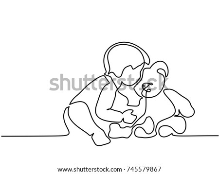 Continuous line drawing. Toddler boy reading book with her newborn baby brother. Vector illustration