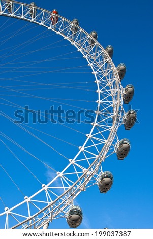 Detail of London, England - May 25, 2014: London Eye is a famous tourist attraction at a height of 135 metres (443 ft) the biggest Ferris wheel in Europe
