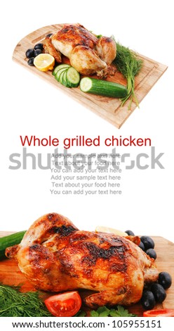 poultry : fresh grilled whole chicken with black olives and raw tomatoes on wooden board isolated over white background
