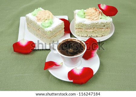 sweet breakfast : whipped cream on sweet cake with hot black coffee