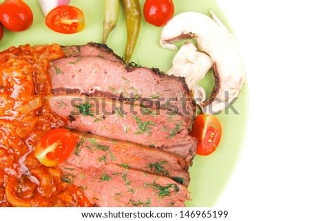 corned beef on plate isolated over white