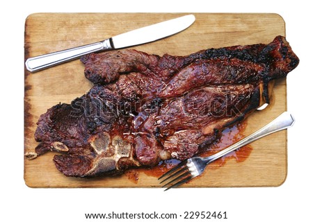 meat steak on wooden plate with fork and knife