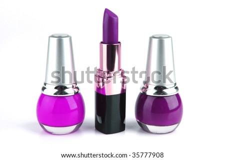 new nails polish on white background and lipstick