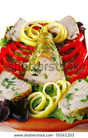 light roast tuna served on plate with vegetables
