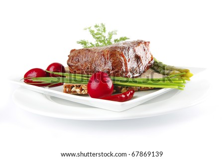 meat with spices and eggplant on white plate