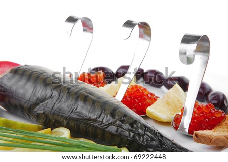 sea fish products : smoked mackerel and toast with red caviar isolated on white