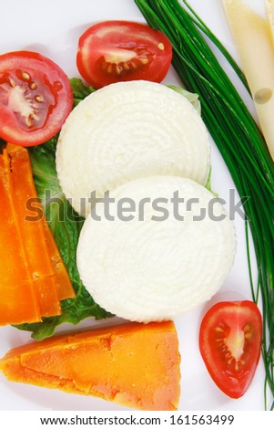 aged cheese : parmesan roquefort and gruyere chops delicatessen cheeses and soft feta on plate isolated over white background