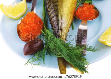 diet food - red caviar and smoked mackerel fish with lemon and dill on blue plate isolated over white background