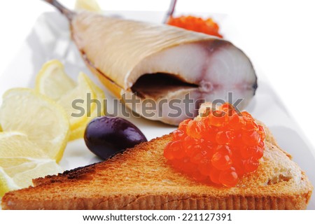 fresh fat fish and caviar on toast