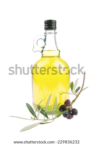 pure of oil and olives on white background