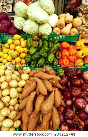 heap of fresh raw vegetables on market