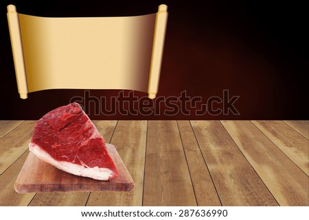 fresh raw red beef meat big steak chunk on wooden cut board isolated over white background