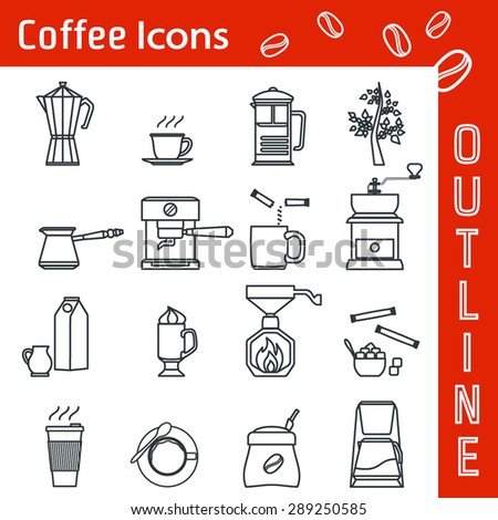 Vector Illustration of Coffee Icon Outline for Design, Website, Background, Banner. Cofee Beans and types Element Template for menu restaurant or inforgaphic.  milk with cup of Cappuccino or espresso