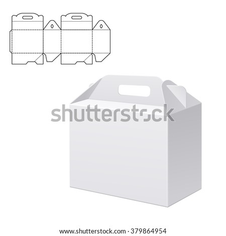 Vector Illustration of Clear Folding Carton Box with diecut for Design, Website, Background, Banner. White Handle Package Template isolated on white. Retail pack with dieline for your brand on it