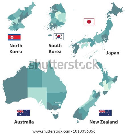 vector maps and flags of Japan, North Korea, South Korea, Australia and New Zealand with administrative divisions (regions borders)