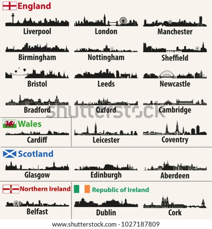 vector cities skylines of British Isles countries (England, Scotland, Wales, Northern Ireland and Republic of Ireland)