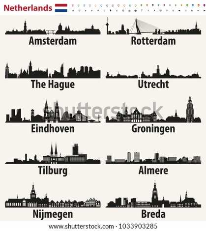 Netherlands largest cities skylines silhouettes vector set