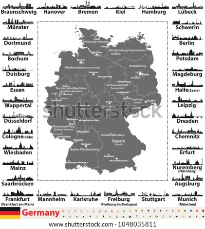 Germany map with state capitals and largest cities skylines silhouettes