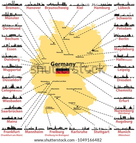 Germany vector map with states capitals and largest citites skylines silhouettes on white background