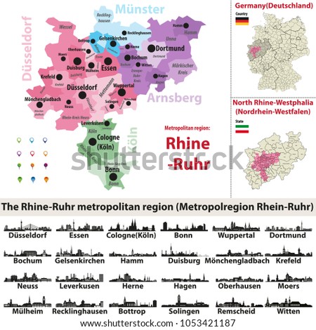 Germany metropolitan region Rhine-Ruhr vector map with largest cities skylines silhouettes