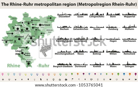 Rhine-Ruhr metropolitam area vector map with largest cities skylines silhouettes