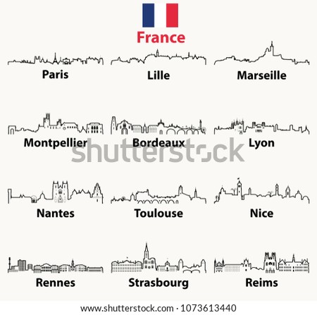 France cities skylines vector outline icons