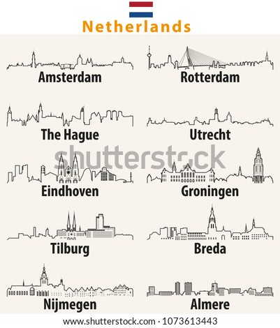 Netherlands cities skylines vector outline icons