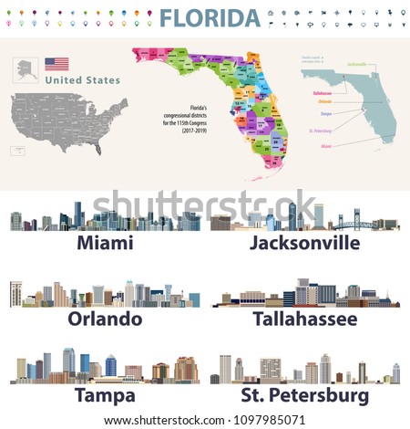 Florida's congressional disctricts vector map with cityscapes of capital and major cities of Florida