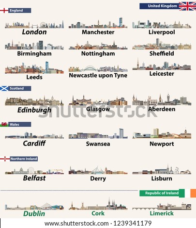 British Isles countries (United Kingdom (England, Wales, Scotland, Northern Ireland) and Republic of Ireland) largest cities skylines. Vector illustration