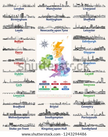 British Isles countries cities skylines  icons vector set in black and white color palette. Flags and high detailed vector map of British countries.