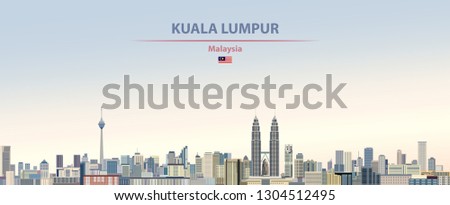 Vector illustration of Kuala Lumpur city skyline on colorful gradient beautiful day sky background with flag of Malaysia