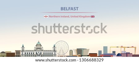 Vector abstract illustration of Belfast city skyline on colorful gradient beautiful day sky background with flags of Northern ireland and United Kingdom