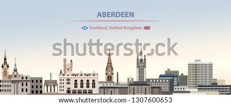 Vector illustration of Aberdeen city skyline on colorful gradient beautiful day sky background with flags of Scotland and United kingdom 