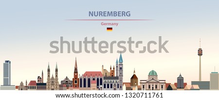 Nuremberg city skyline on colorful gradient beautiful day sky background with flag of Germany. Vector illustration