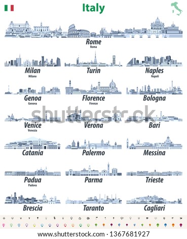 Italian cities skylines isolated high detailed icons in tints of blue color palette. Vector illustrations