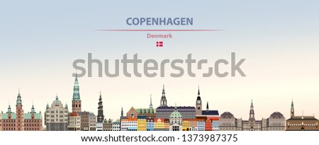 Vector illustration of Copenhagen city skyline on colorful gradient beautiful day sky background