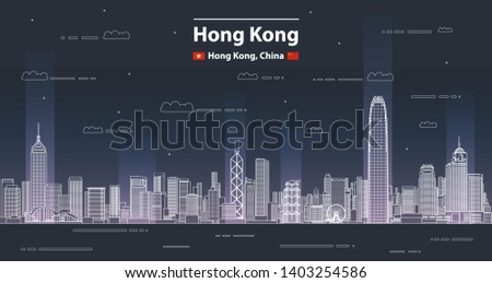 Hong Kong cityscape line art style vector detailed illustration. Travel background