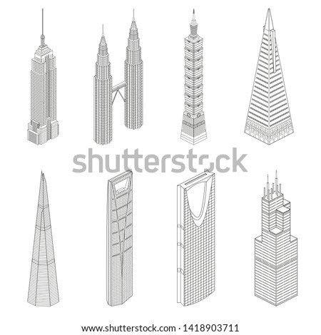 Vector famous skyscrapers. Isometric line art icons