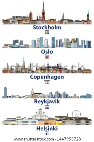 Stockholm, Oslo, Copenhagen, Reykjavik and Helsinki cities skylines with flags of Sweden, Norway, Denmark, Iceland and Finland. Vector set