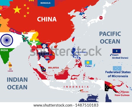 vector map of south east asian countries mixed with their national flags