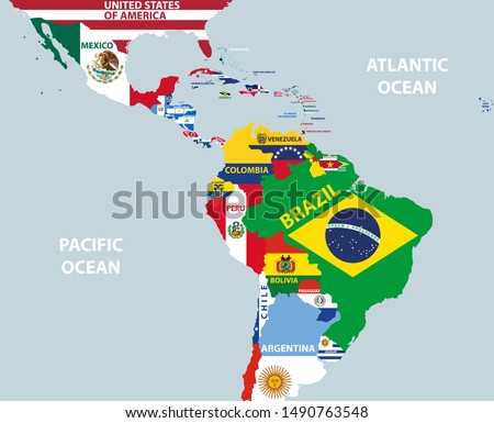vector part of world map with region of Latin American countries mixed with their national flags